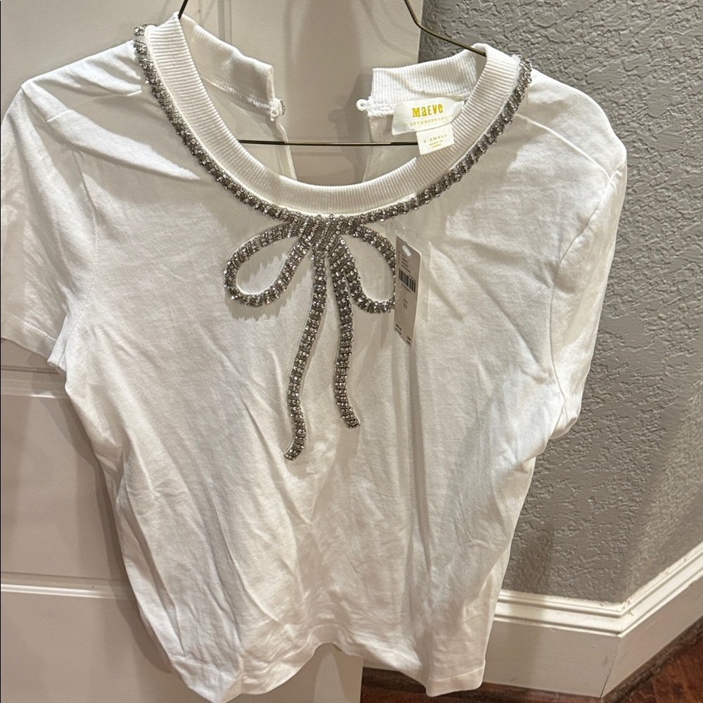 Maeve White Tee with Silver Crystal Bow